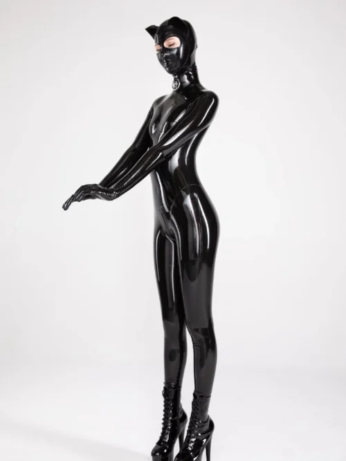 Full-Body Black Latex Catsuit with Integral Hood and Gloves – Sleek, Fetish-Inspired Bodysuit