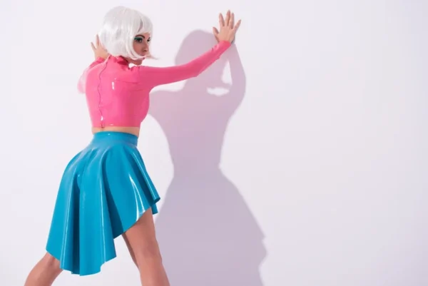 Light Blue Asymmetric Latex Circle Skirt – High-Waisted Flared Hem