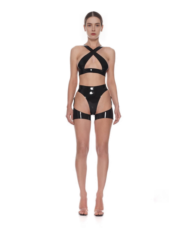 High-Shine Latex 3-Piece BDSM Lingerie Set – Harness Bra, Panties & Garter Belt