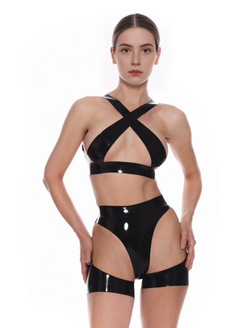 High-Shine Latex 3-Piece BDSM Lingerie Set – Harness Bra, Panties & Garter Belt