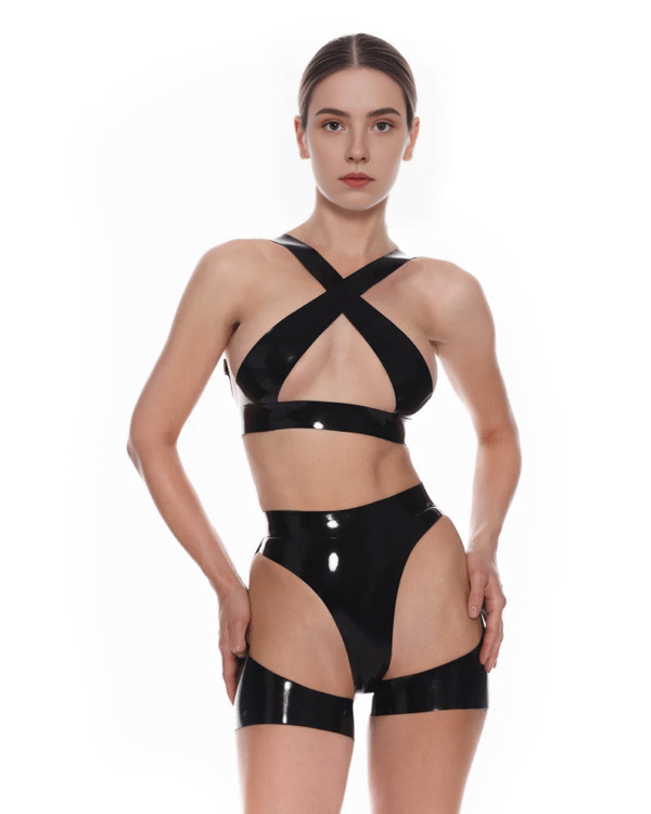 High-Shine Latex 3-Piece BDSM Lingerie Set – Harness Bra, Panties & Garter Belt