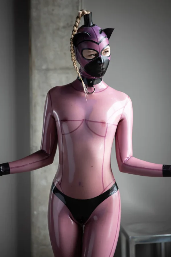 Pink Transparent Latex Catsuit with Integrated Triangle Panties and Hood