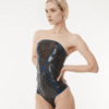 Laser-Cut Strapless Latex Bodysuit with Geometric Panel – Bold and Sculpted Fit