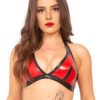 Bold Red Latex Halter Bra with Adjustable Buckle – Black Contrast Trim