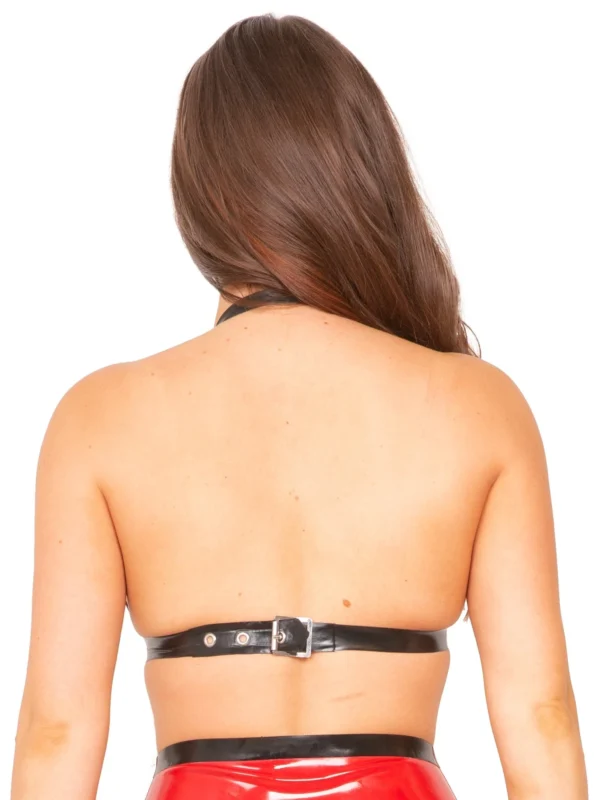 Bold Red Latex Halter Bra with Adjustable Buckle – Black Contrast Trim