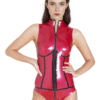 Metallic Red & Black Zip-Front Latex Bodysuit – Bold & Seductive