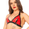 Bold Red Latex Halter Bra with Adjustable Buckle – Black Contrast Trim