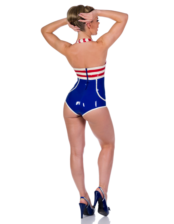 Vintage-Inspired Sailor Latex Bodysuit – Striped Retro Nautical Look with Back Zipper