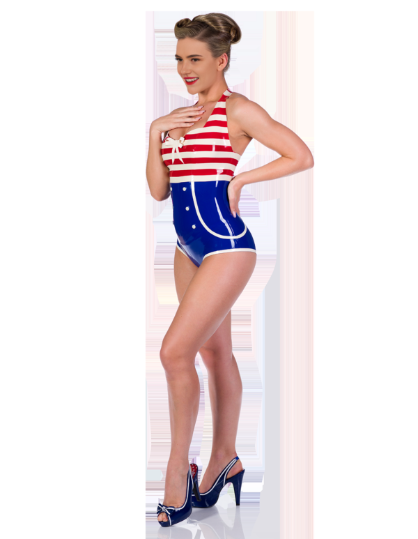 Vintage-Inspired Sailor Latex Bodysuit – Striped Retro Nautical Look with Back Zipper