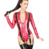 Dramatic Latex High-Neck Leotard with Black Strap Detailing and D-Ring Accents
