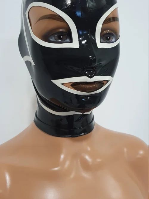 Latex Cat Mask with Teardrop Eyes and Back Zip – Mixed Black & White Design