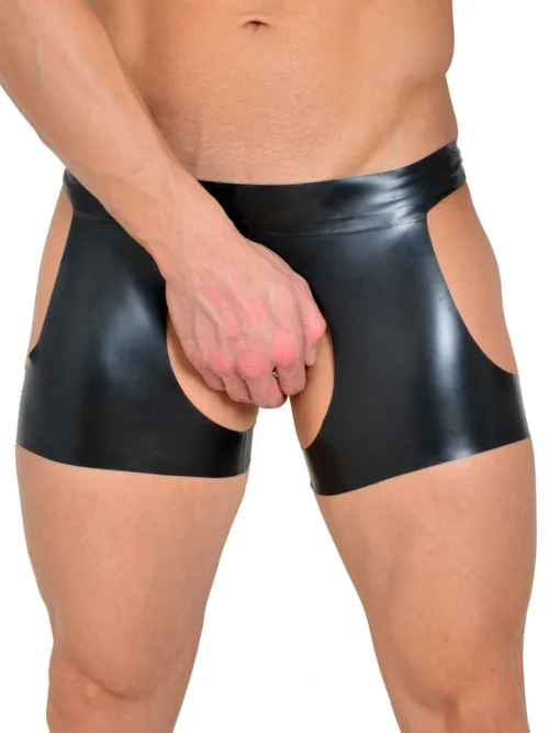 Fully Open Latex Fetish Boxer Shorts – Black Cut-Out Rear and Front Access