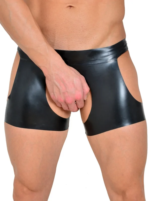 Fully Open Latex Fetish Boxer Shorts – Black Cut-Out Rear and Front Access