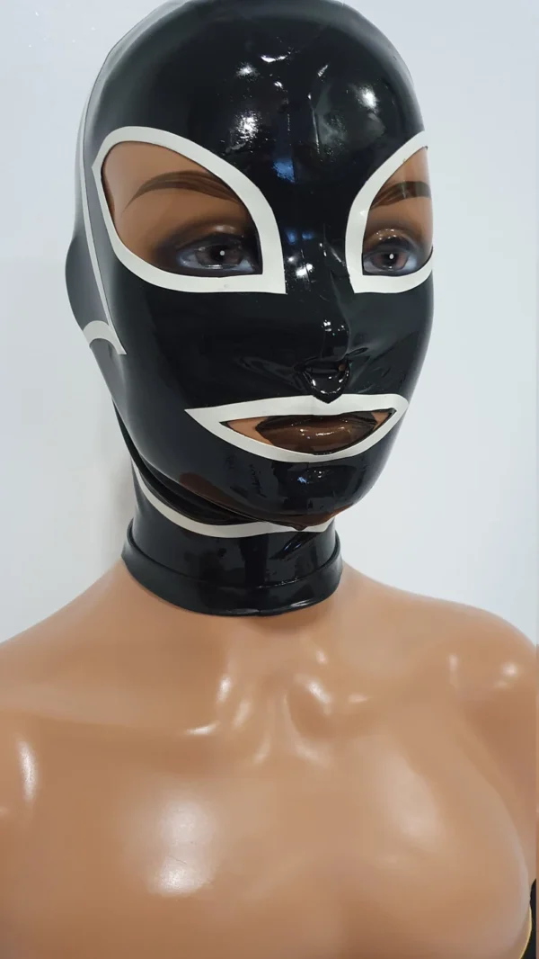 Latex Cat Mask with Teardrop Eyes and Back Zip – Mixed Black & White Design