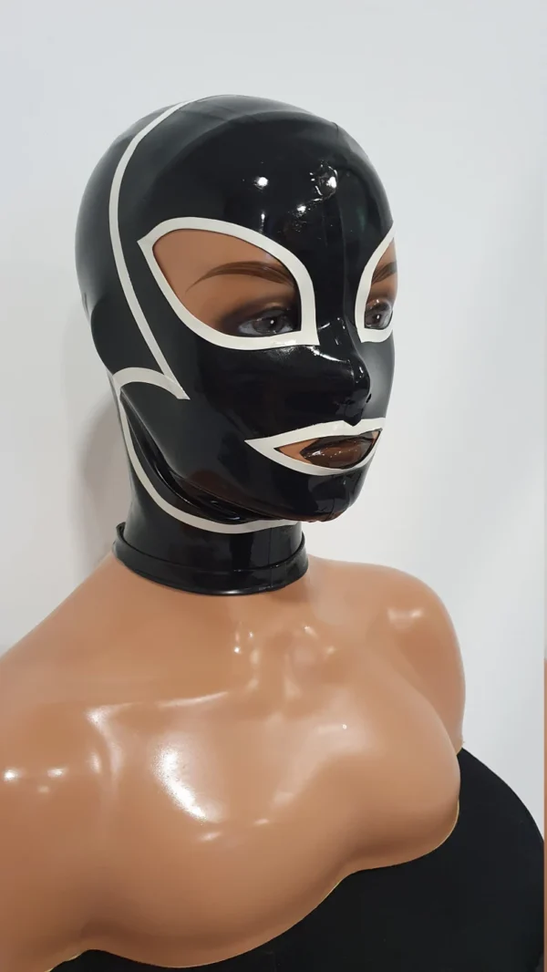 Latex Cat Mask with Teardrop Eyes and Back Zip – Mixed Black & White Design