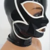 Latex Cat Mask with Teardrop Eyes and Back Zip – Mixed Black & White Design