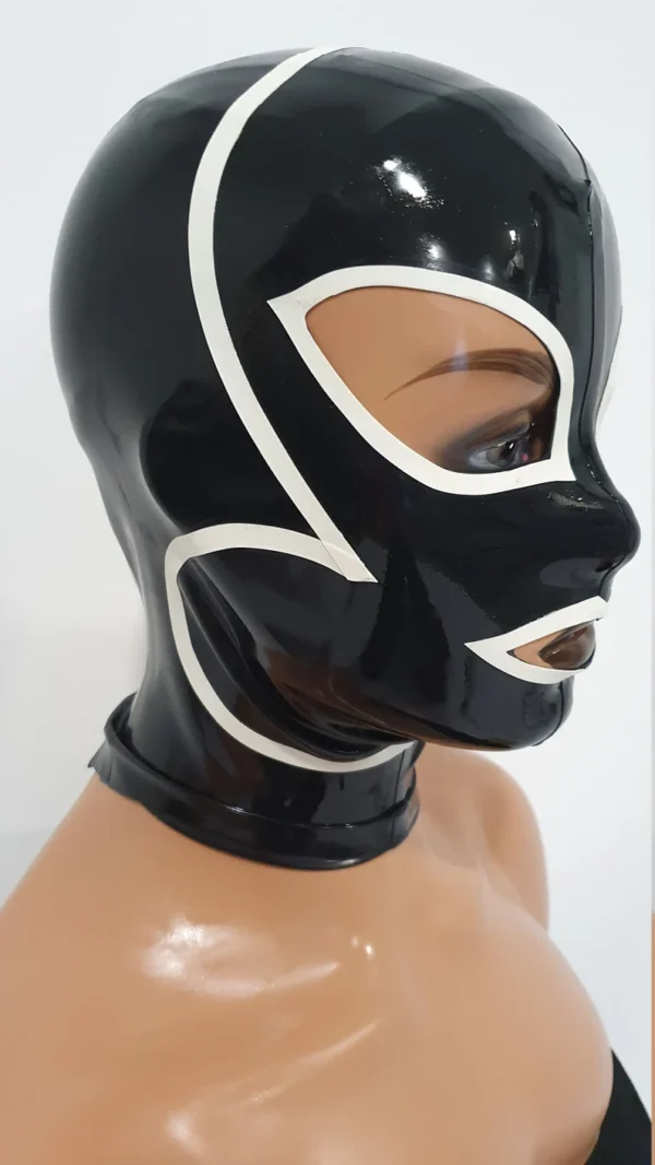 Latex Cat Mask with Teardrop Eyes and Back Zip – Mixed Black & White Design