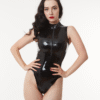 Sleek Zip-Front Latex Bodysuit – High-Cut Glossy Black Catsuit for Bold Elegance