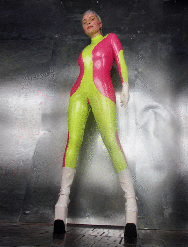 Futuristic Two-Tone Latex Catsuit with Dual Zipper