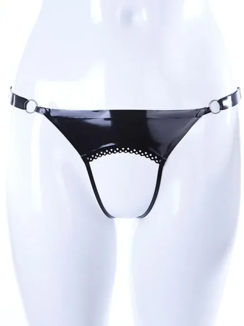 Open Latex Thong with Brocade Trim & Adjustable Side Straps – Black with Silver O-Rings