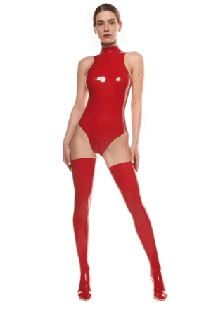 Luxe Red Latex Bodysuit with Dual Zippers – Sculpted Waist & Breast Contours