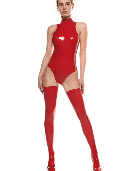 Luxe Red Latex Bodysuit with Dual Zippers – Sculpted Waist & Breast Contours