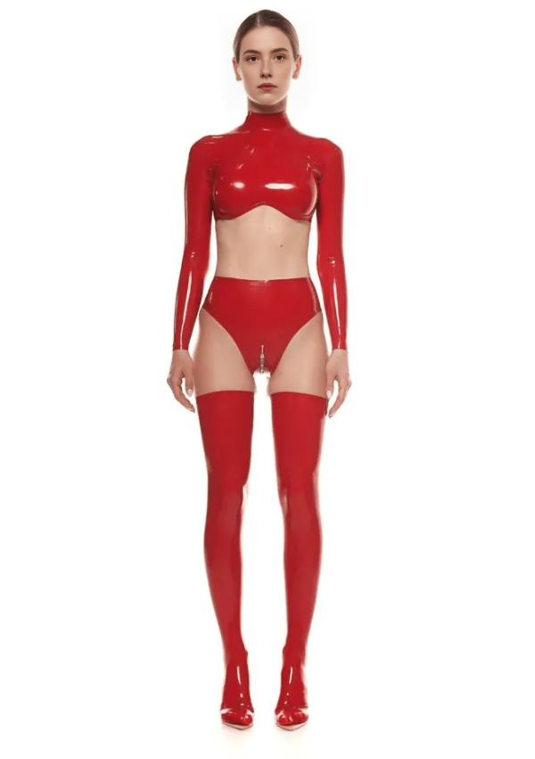 Glossy Red Latex Crop Top with Back Zipper – Long Sleeve, High Neck