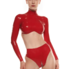 Glossy Red Latex Crop Top with Back Zipper – Long Sleeve, High Neck