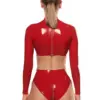 Glossy Red Latex Crop Top with Back Zipper – Long Sleeve, High Neck