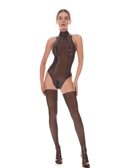 Smoky Black Latex Bodysuit and Stockings Set with Dual Zippers