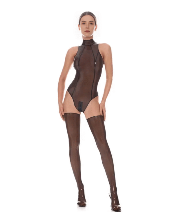 Smoky Black Latex Bodysuit and Stockings Set with Dual Zippers