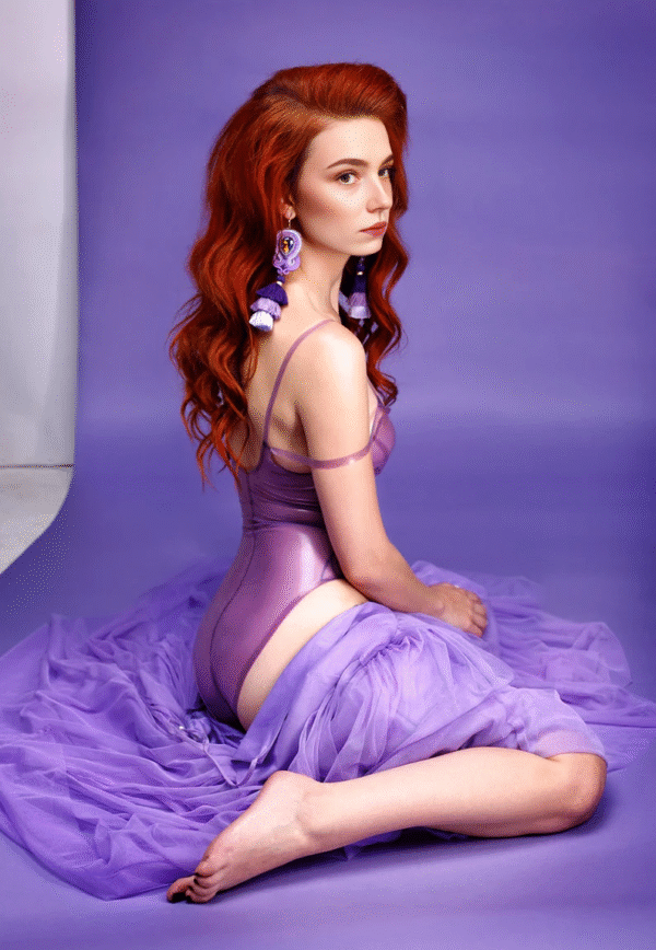 Luxe Lavender Transparent Latex Bodysuit – Spaghetti Straps, High-Cut Leg, Floral Accents