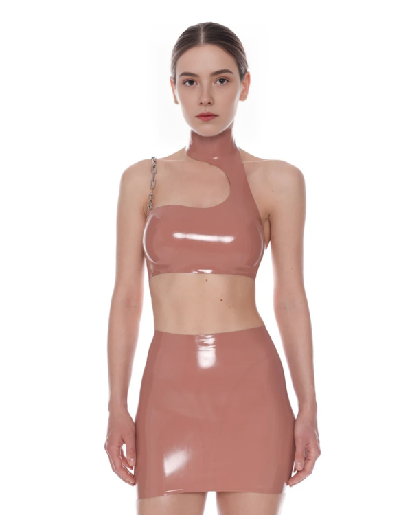 Asymmetric Latex Crop Top with Detachable Chain Strap and High Collar