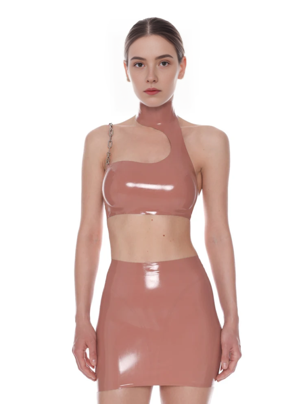 Asymmetric Latex Crop Top with Detachable Chain Strap and High Collar