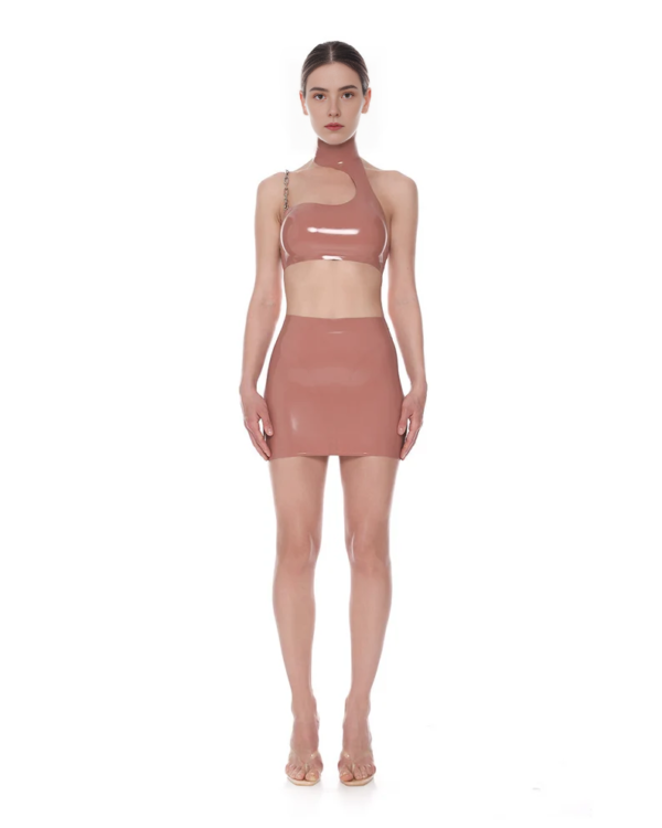 Asymmetric Latex Crop Top with Detachable Chain Strap and High Collar