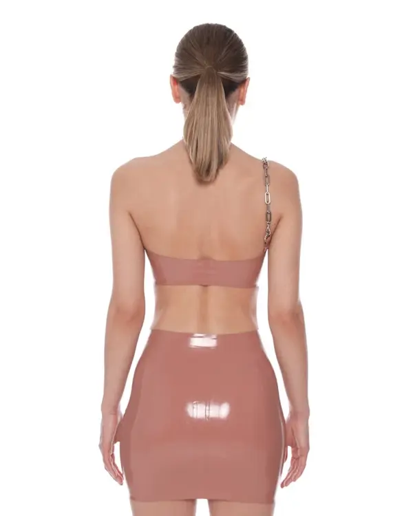 Asymmetric Latex Crop Top with Detachable Chain Strap and High Collar