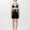 High Waist Black Latex Mini Skirt with Zipper Front