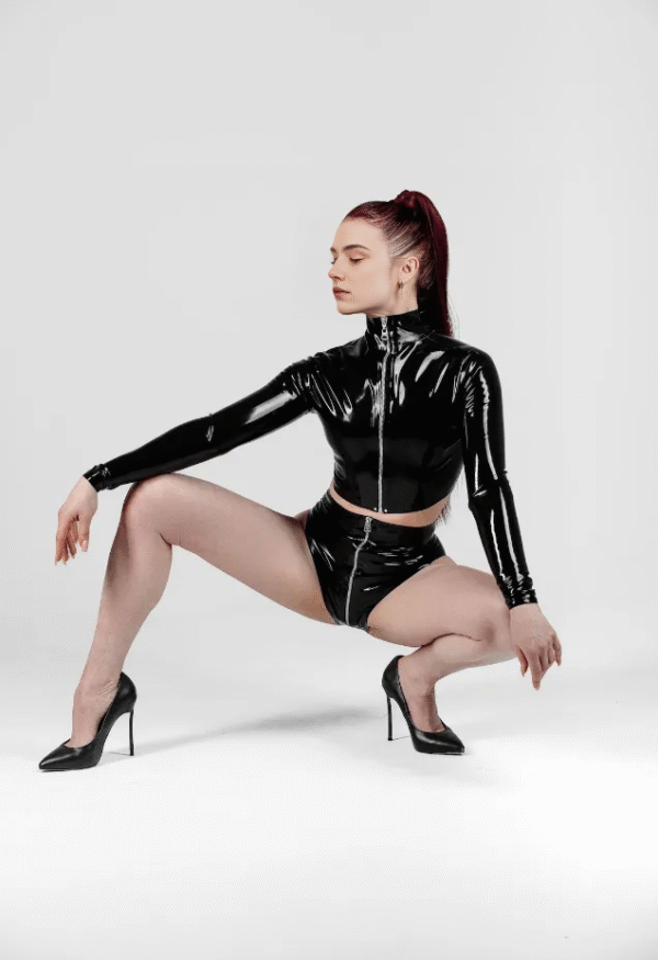 Luxe Black Latex Long Sleeve Zip-Front Crop Top – High Shine Fetish Wear
