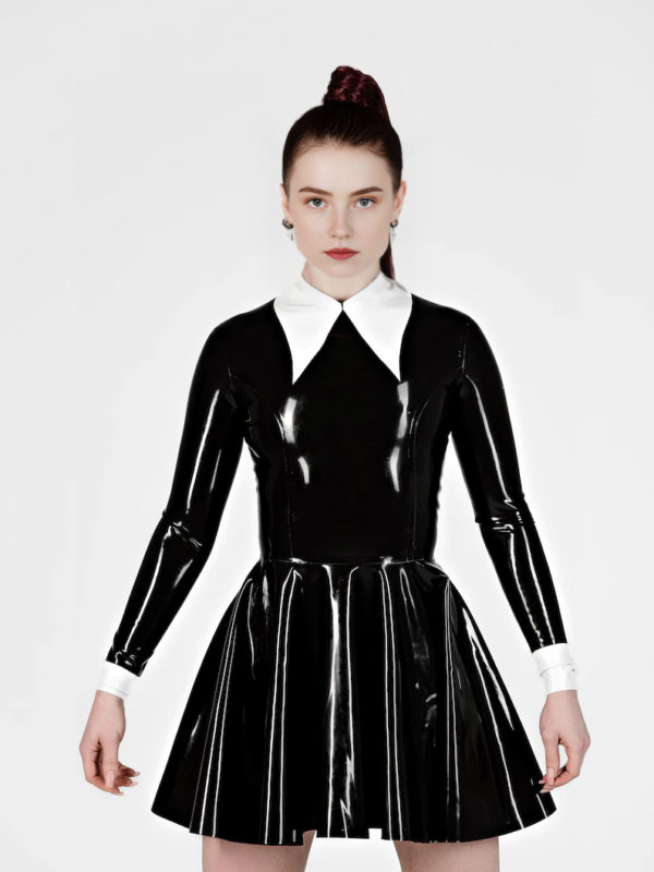 Elegant Latex Long Sleeve Skater Dress with White Collar – High Shine Fetish Fashion