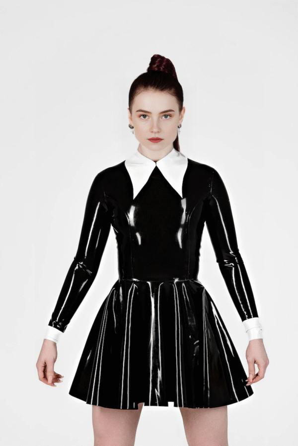 Elegant Latex Long Sleeve Skater Dress with White Collar – High Shine Fetish Fashion