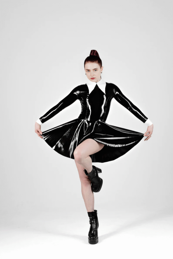 Elegant Latex Long Sleeve Skater Dress with White Collar – High Shine Fetish Fashion
