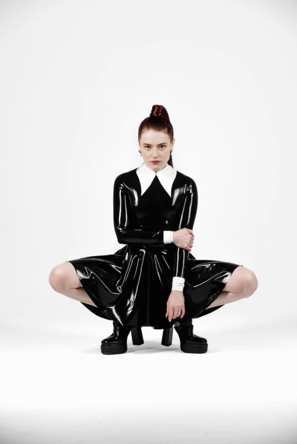 Elegant Latex Long Sleeve Skater Dress with White Collar – High Shine Fetish Fashion