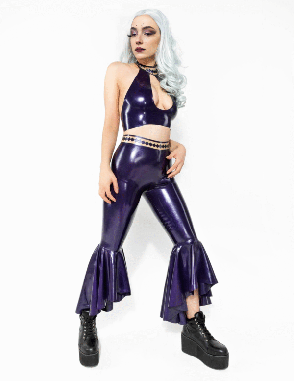 Vintage Flare High-Waist Latex Pants with Decorative Waistband