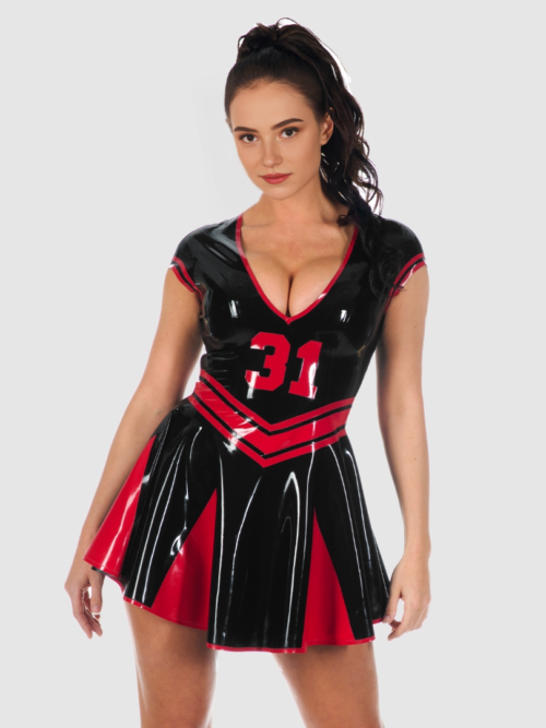 Latex Cheerleader-Inspired Dress with V-Neck and Custom Number Design