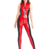 Red and Black Sleeveless Latex Catsuit with Two-Way Front Zipper