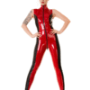 Red and Black Sleeveless Latex Catsuit with Two-Way Front Zipper