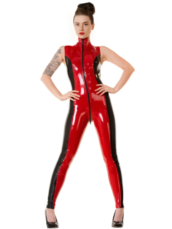 Red and Black Sleeveless Latex Catsuit with Two-Way Front Zipper