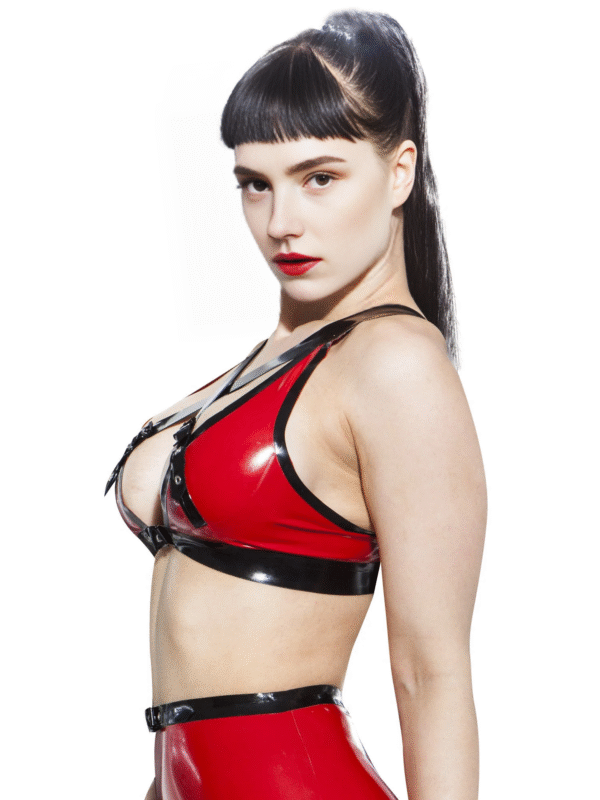 Crossover Buckled Latex Bra Top – Black & Red Contrast