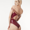 Off-Shoulder Checkered Trim Latex Bodysuit – Vintage-Inspired Elegant Design