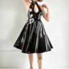 Glossy Black Halter Latex Circle Skirt Dress – Backless Flare Design